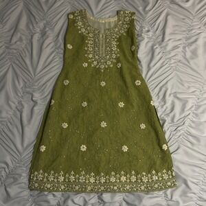 Vintage Indian Olive Green Sleeveless Kurti Tunic Dress Floral Beaded Embroidery